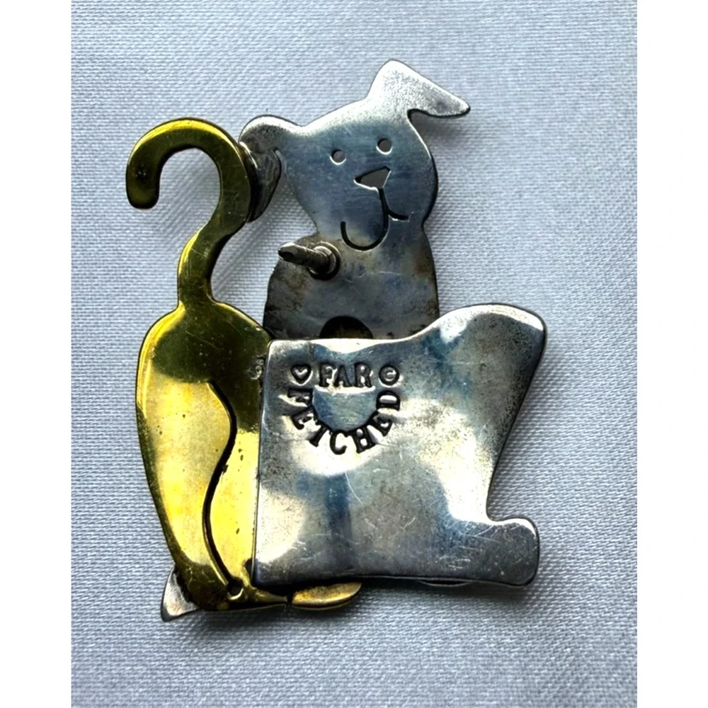 Vintage Far Fetched Cat and Dog Stick Pin Mixed Metal Brass Silver Tone Artisan